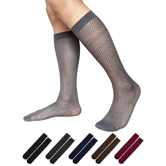 Deago 2 Pairs Mens Silky Socks Sheer Dress Socks Ultra Thin Nylon Business Sox Summer Cool Crew Socks Mid Calf (Gray)