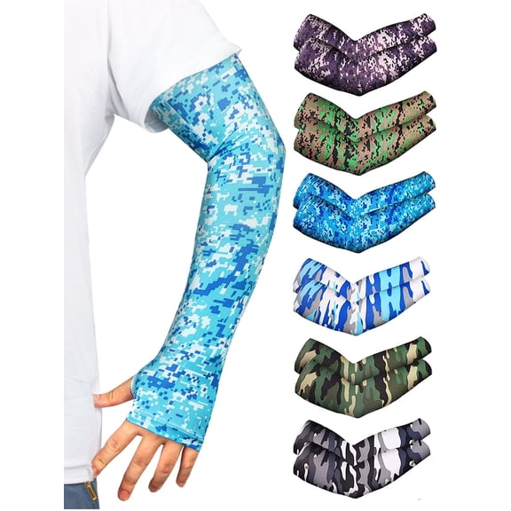 Deago 2 Pairs UV Sun Protection Arm Sleeves UPF 50 Sports Compression Cooling Sleeves for Men & Women Basketball Golf Running Football Cycling (Camouflage, Green)