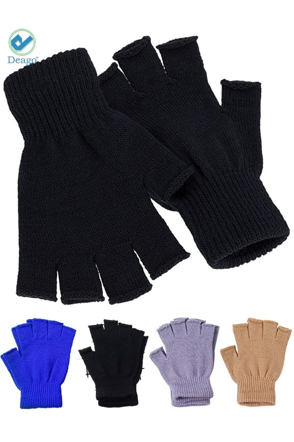 2 Pairs Winter Half Finger Gloves Knitted Fingerless Mittens Warm Stretchy Gloves for Men and Women (Black)