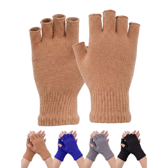 Deago 2 Pairs Winter Half Finger Gloves Knitted Fingerless Mittens Warm Stretchy Gloves for Men and Women (Coffee)