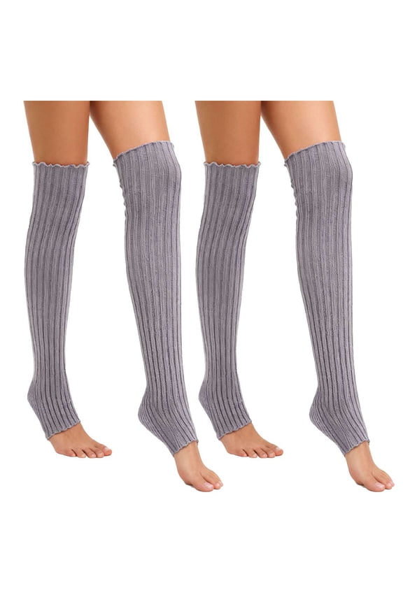 2 Pairs Winter Leg Warmers Thigh High Over Knee Footless Socks Knitted Long Boot Cuffs Topper Socks for Women (Gray)