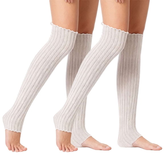 Deago 2 Pairs Winter Leg Warmers Thigh High Over Knee Footless Socks Knitted Long Boot Cuffs Topper Socks for Women (White)