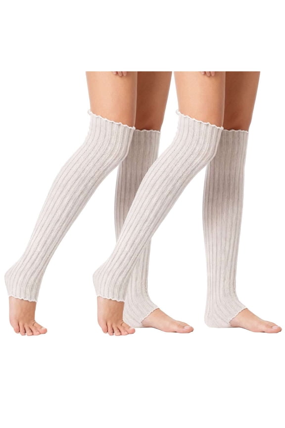 2 Pairs Winter Leg Warmers Thigh High Over Knee Footless Socks Knitted Long Boot Cuffs Topper Socks for Women (White)