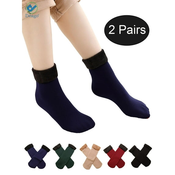 Deago 2 Pairs Women Men Wool Socks Winter Warm Thicken Thermal Soft Casual Solid Socks Home Snow Boots Velvet Floor Socks (Navy)