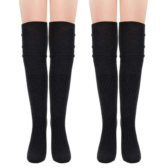 Deago 2 Pairs Women Thigh High Socks Extra Long Knit Winter Warm Thick Tall Long Boot Stockings Leg Warmers (Black)