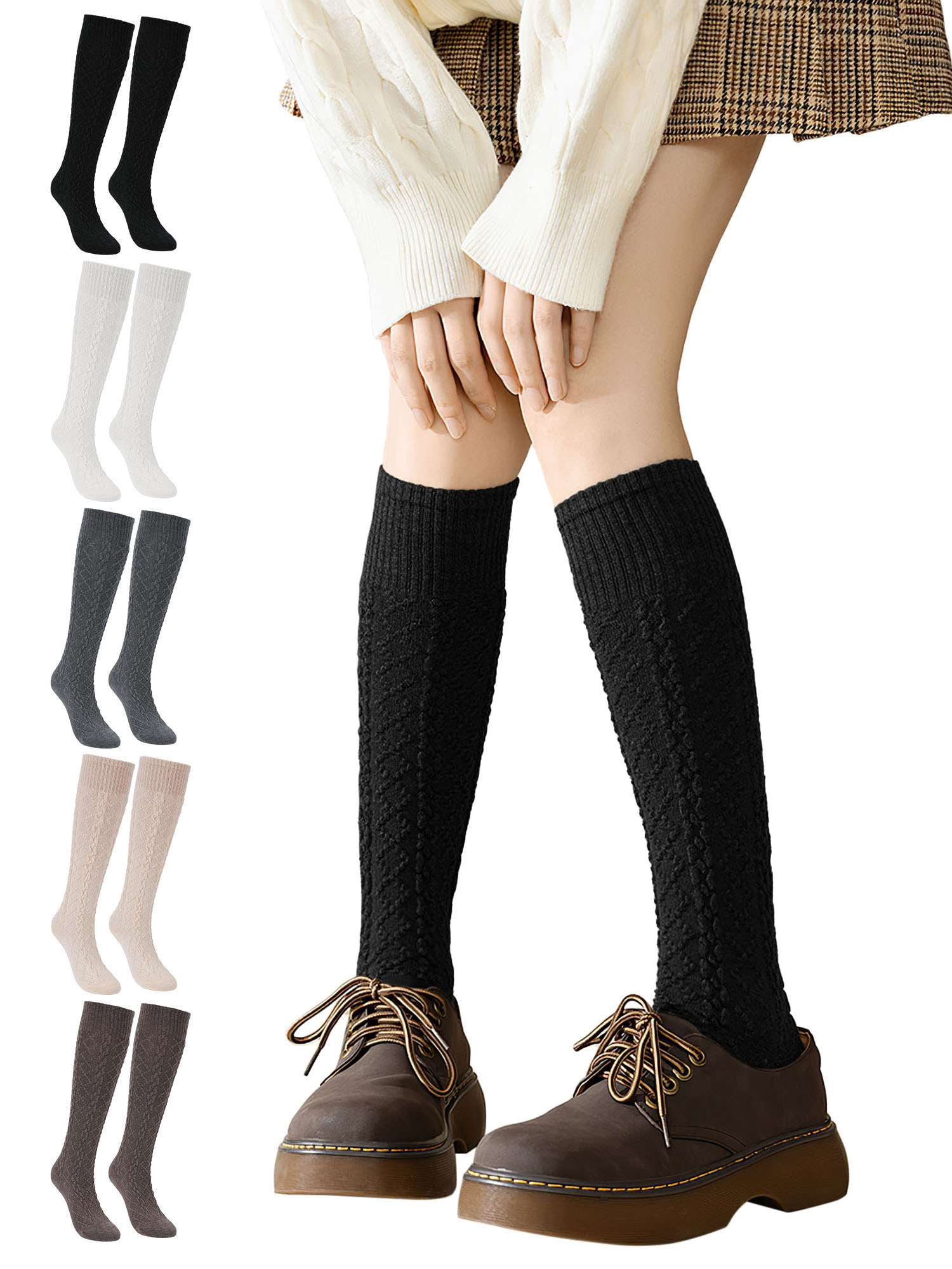 Deago 2 Pairs Women's Knee High Wool Socks Thick Winter Knit Thermal Long Boot Stocking Socks Leg Warmers (Black)
