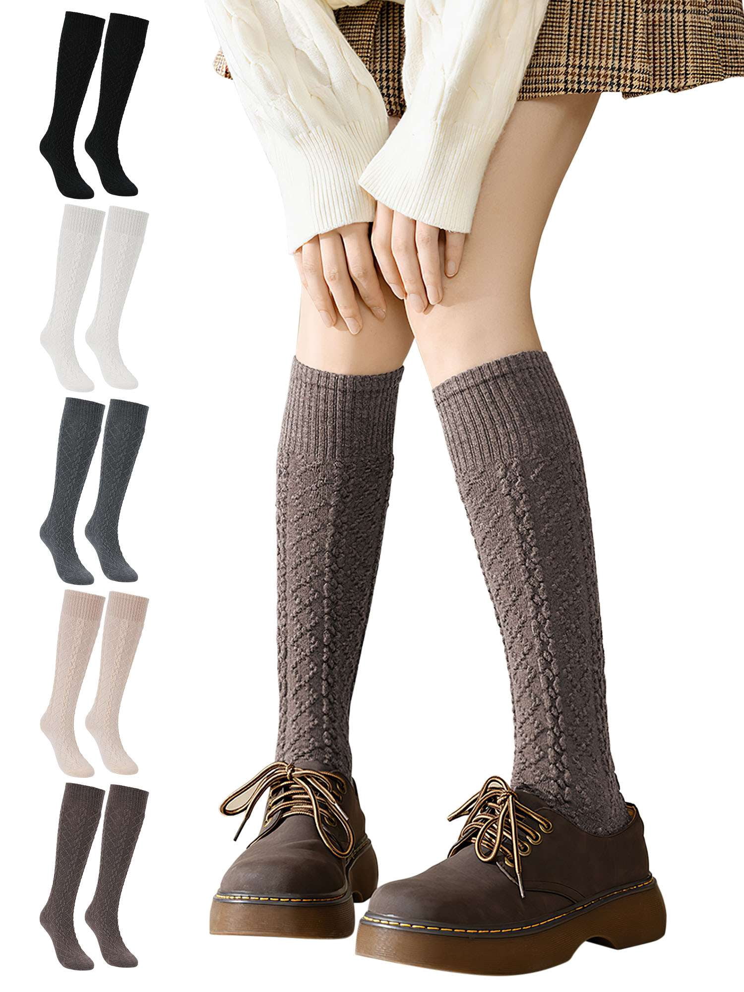 Deago 2 Pairs Women's Knee High Wool Socks Thick Winter Knit Thermal Long Boot Stocking Socks Leg Warmers (Coffee)