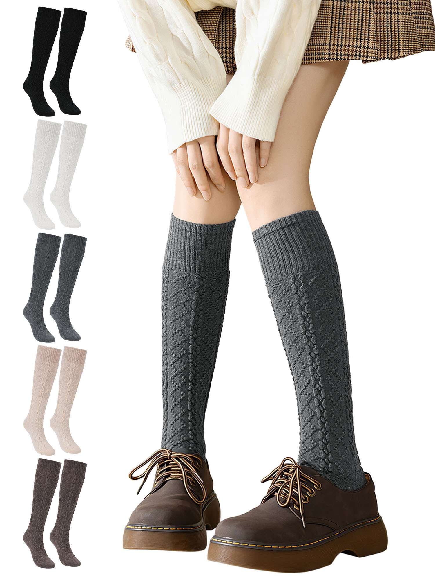 Deago 2 Pairs Women's Knee High Wool Socks Thick Winter Knit Thermal Long Boot Stocking Socks Leg Warmers (Gray)