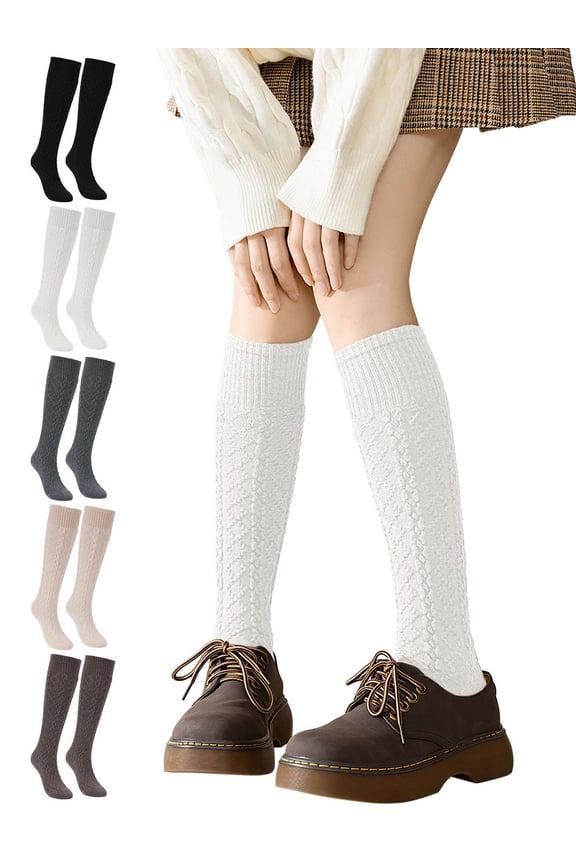 2 Pairs Women's Knee High Wool Socks Thick Winter Knit Thermal Long Boot Stocking Socks Leg Warmers (White)