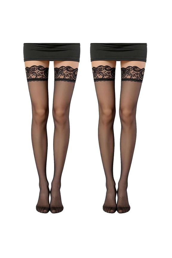 2 Pairs Women's Lace Top Thigh High Sheer Stockings Nylon Anti-skid Silicone Stay Up Lingerie Pantyhose (Black)
