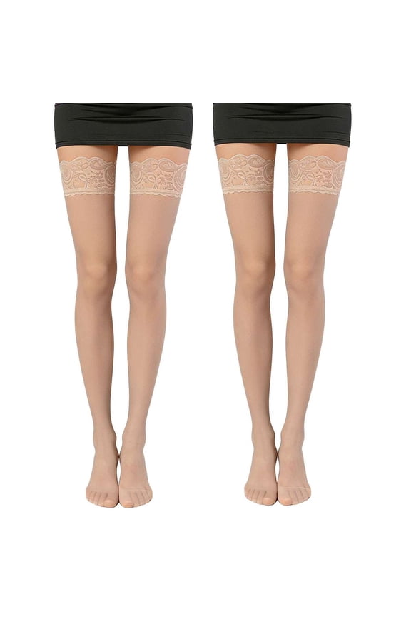 2 Pairs Women's Lace Top Thigh High Sheer Stockings Nylon Anti-skid Silicone Stay Up Lingerie Pantyhose (Skin)