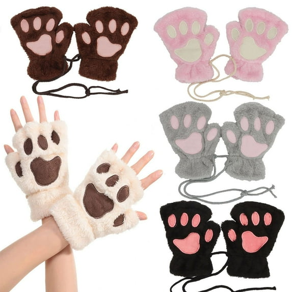 Deago 2 Pairs Womens Cat Claw Bear Paw Gloves Winter Plush Faux Fur Cute Kitten Fingerless Mittens (Pink)