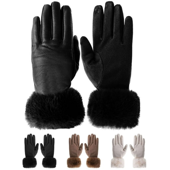 Deago 2 Pairs Womens Winter Leather Suede Gloves with Fur Cuffs Thermal Touchscreen Texting Warm Driving Gloves (Black)