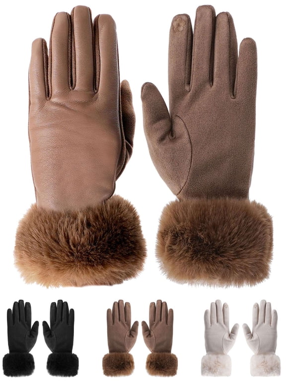 2 Pairs Womens Winter Leather Suede Gloves with Fur Cuffs Thermal Touchscreen Texting Warm Driving Gloves (Khaki)