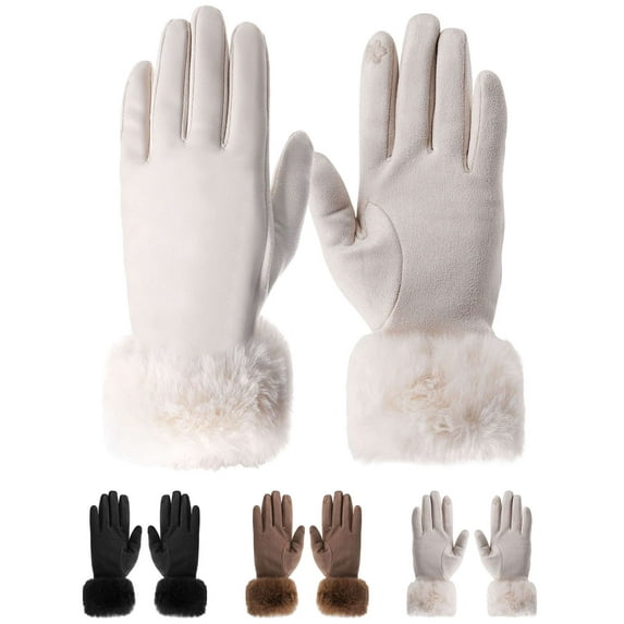 Deago 2 Pairs Womens Winter Leather Suede Gloves with Fur Cuffs Thermal Touchscreen Texting Warm Driving Gloves (White)