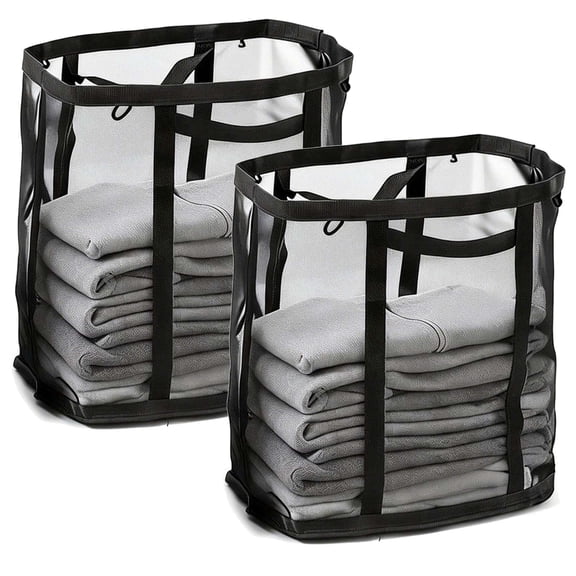 Deago 2 Pcs Laundry Bags Hamper Bag with Handles,Portable &Collapsible Dirty Clothes Mesh Basket Foldable for Washing Storage, Kids Room,Dorm or Travel (Black)