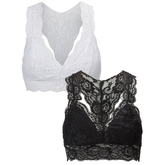 Deago 2 Pcs Women Plus Size Floral Lace Bralette Padded Breathable Sexy Racerback Crop Wire Free Lace Bra S-3XL