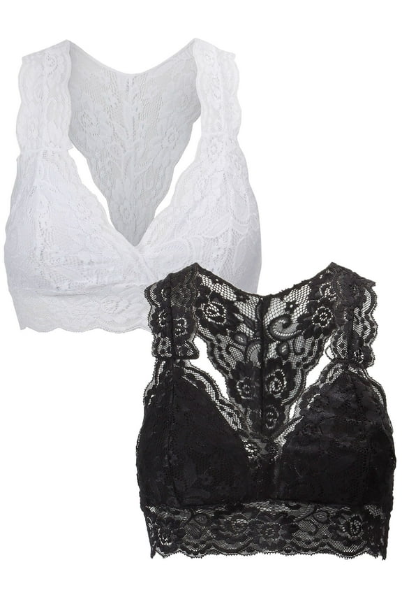 2 Pcs Women Plus Size Floral Lace Bralette Padded Breathable Sexy Racerback Crop Wire Free Lace Bra S-3XL