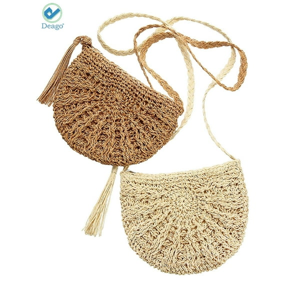 Deago 2 Pcs Women Straw Crossbody Bag Purse Beach Handmade Woven Shoulder Bag Messenger Handbag with Tassels