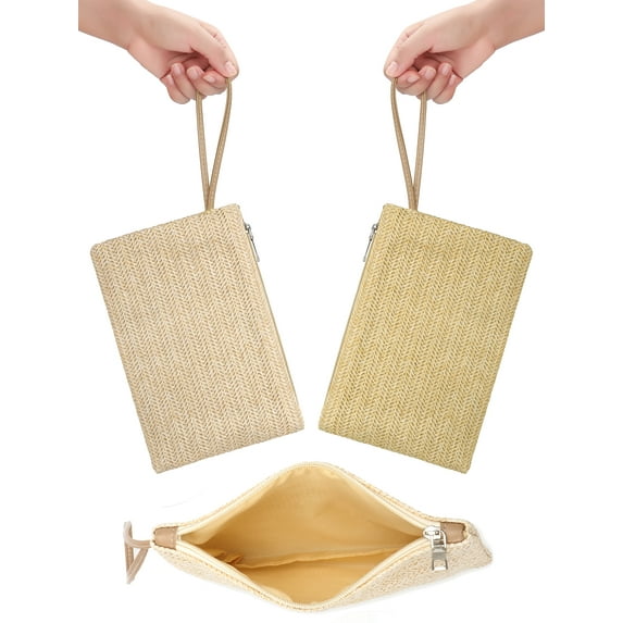 Deago 2 Pieces Straw Clutch Bag Bohemian Summer Beach Handbag Straw Purse Zipper Wristlet Wallets for Women Girl (Khaki+Beige)