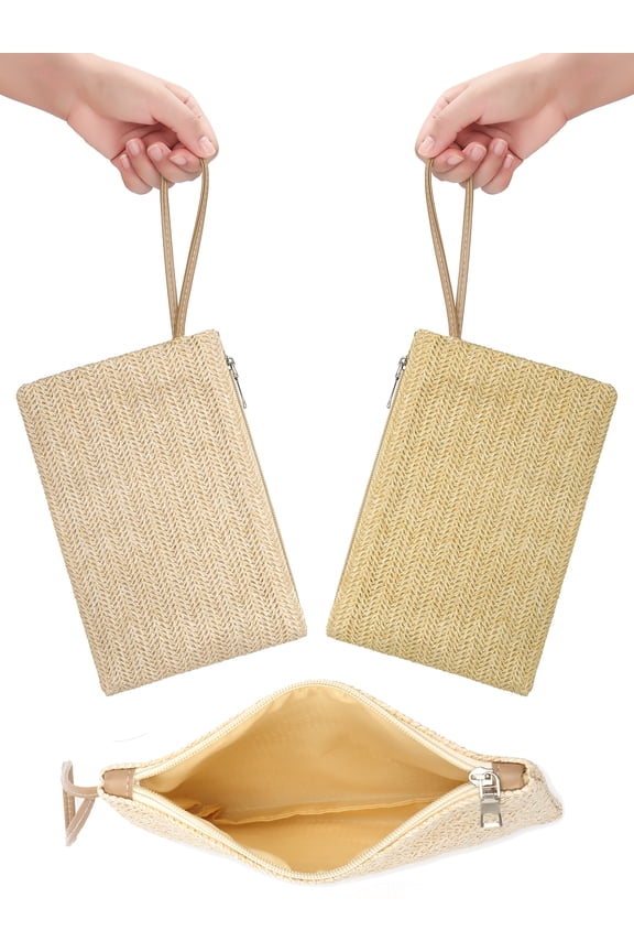 2 Pieces Straw Clutch Bag Bohemian Summer Beach Handbag Straw Purse Zipper Wristlet Wallets for Women Girl (Khaki+Beige)