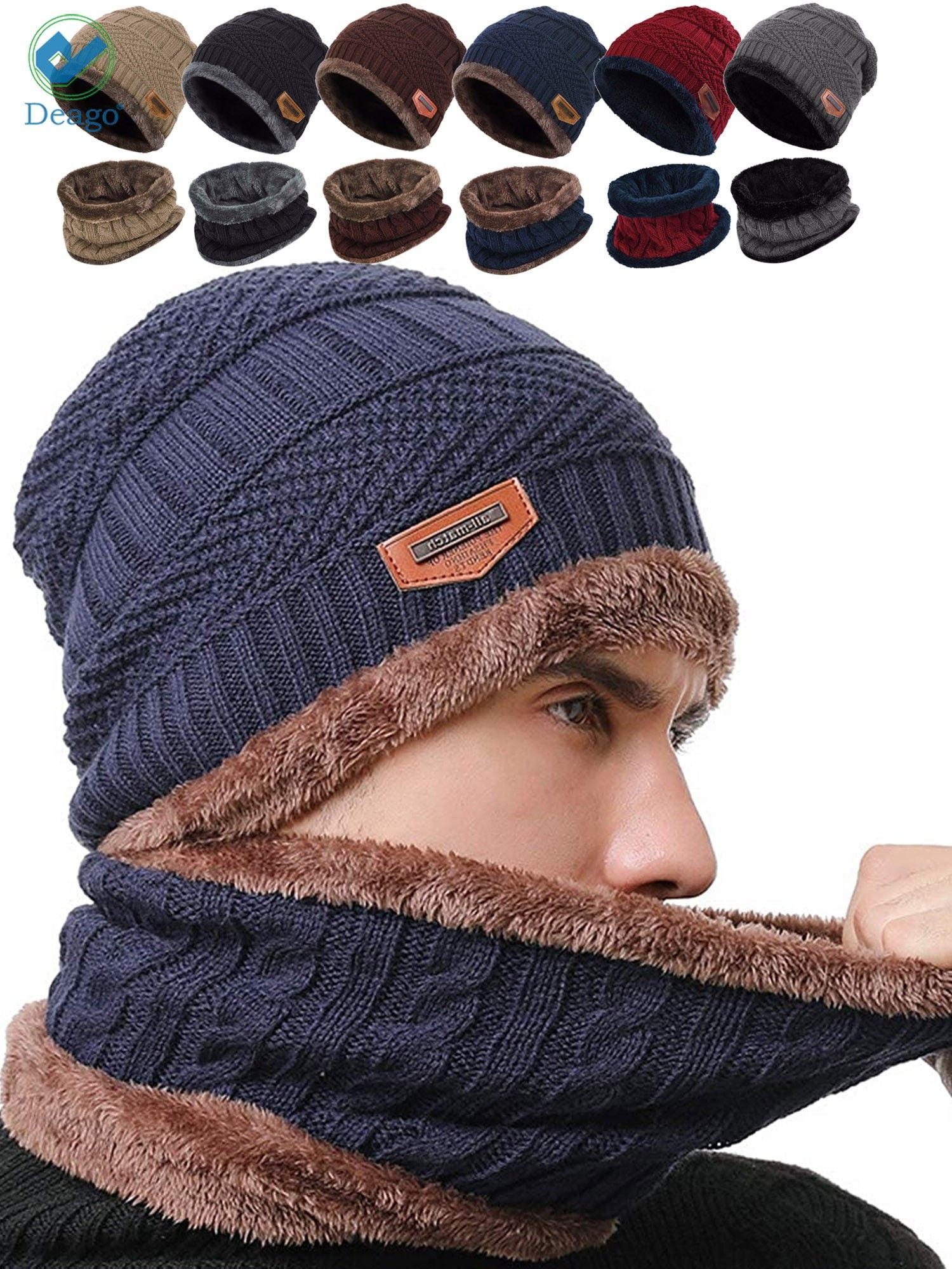 Deago 2-Pieces Winter Beanie Hat Scarf Set Warm Fleece Lined