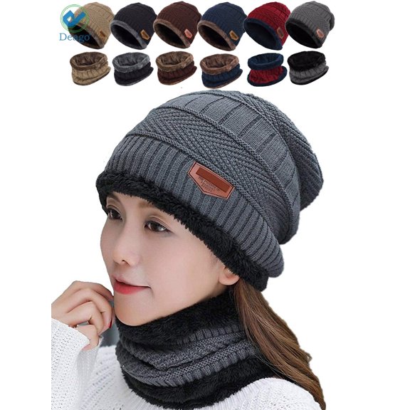 Deago 2-Pieces Winter Beanie Hat Scarf Set Warm Fleece Lined Knit Hat Neck Scarves for Women Men (Gray)