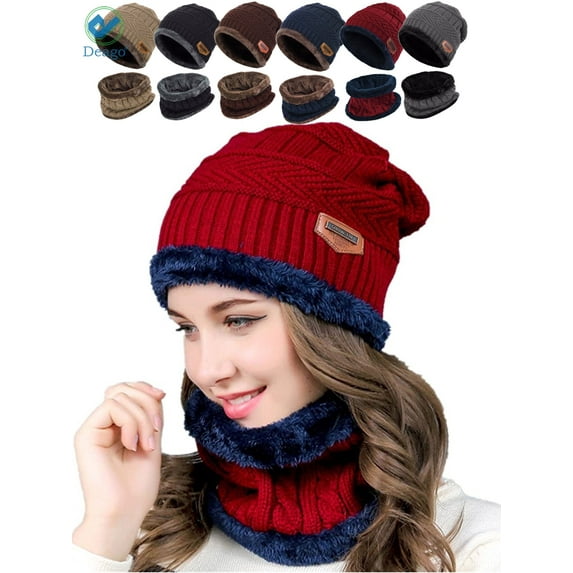 Deago 2-Pieces Winter Beanie Hat Scarf Set Warm Fleece Lined Knit Hat Neck Scarves for Women Men (Red)