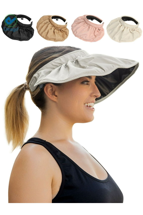 2 in 1 Sun Visor Hats Headbands for Women Wide Brim Roll-up Summer Beach Hats UPF 50+ UV Sun Protection Foldable Shell Hat (Beige)