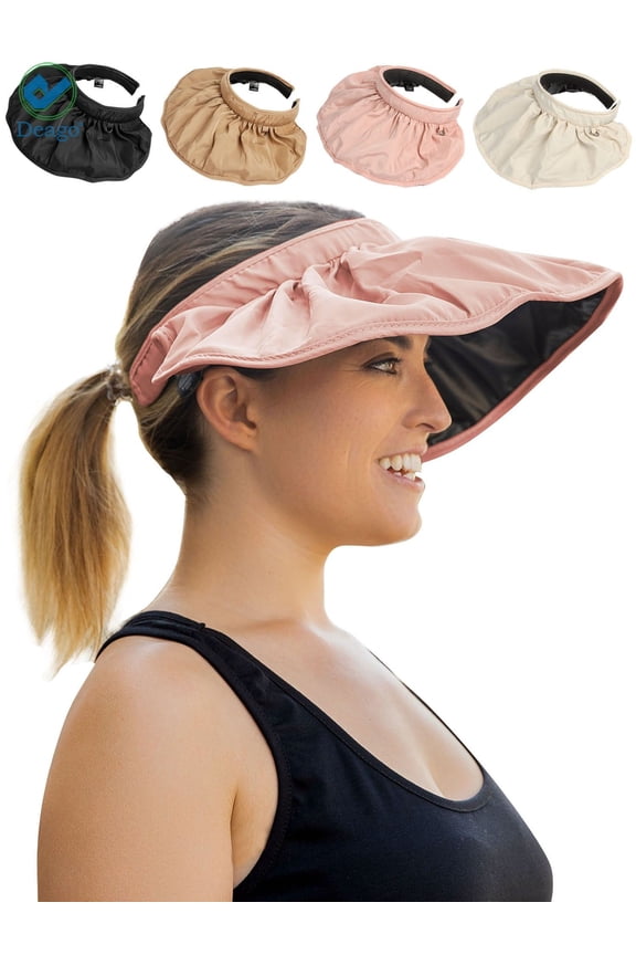 2 in 1 Sun Visor Hats Headbands for Women Wide Brim Roll-up Summer Beach Hats UPF 50+ UV Sun Protection Foldable Shell Hat (Pink)