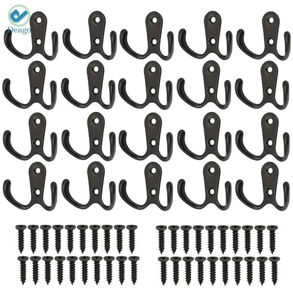 Deago 20 Pack Double Prong Coat Hooks Wall Mounted with 20 Screws Retro Robe Hooks for Hanging Coats, Towel, Hat, Key, Bag (Black)