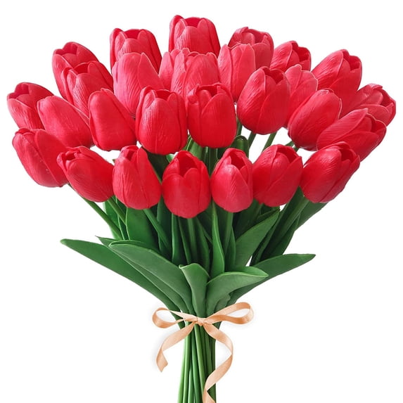 Deago 20 Pcs Artificial Tulips Flowers Real Touch PU Tulips Arrangement Bouquet for Home Room Office Party Wedding Decoration (Red)