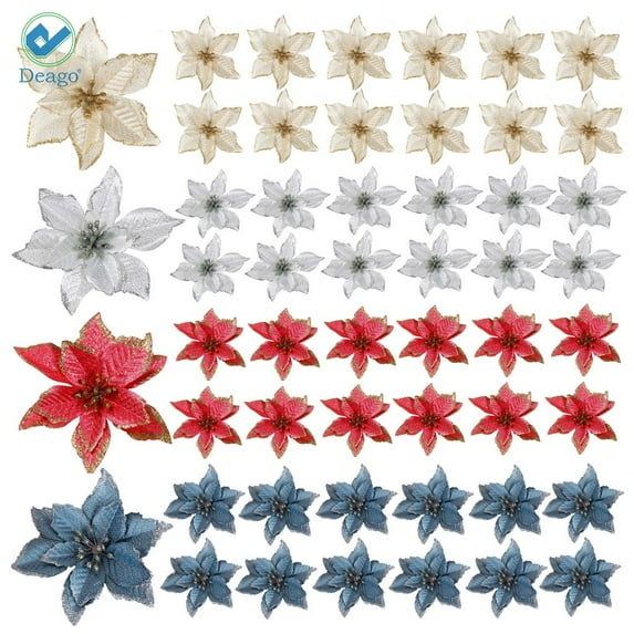 Deago 24 Pcs 5.9 in Christmas Tree Decorations Glitter Poinsettia Artificial Flowers for Xmas Tree Ornaments (Blue)