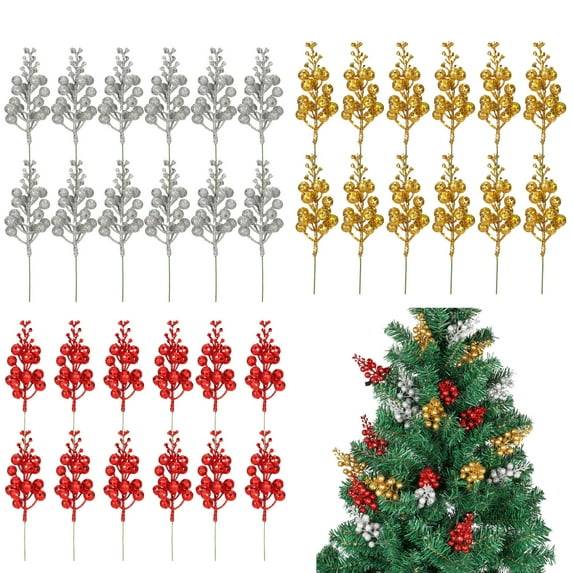 Deago 24 Pcs Christmas Glitter Berries Stems 7.9Inch Artificial Christmas Picks for Christmas Tree Ornaments DIY Xmas Wreath Holiday and Home Decor, Red