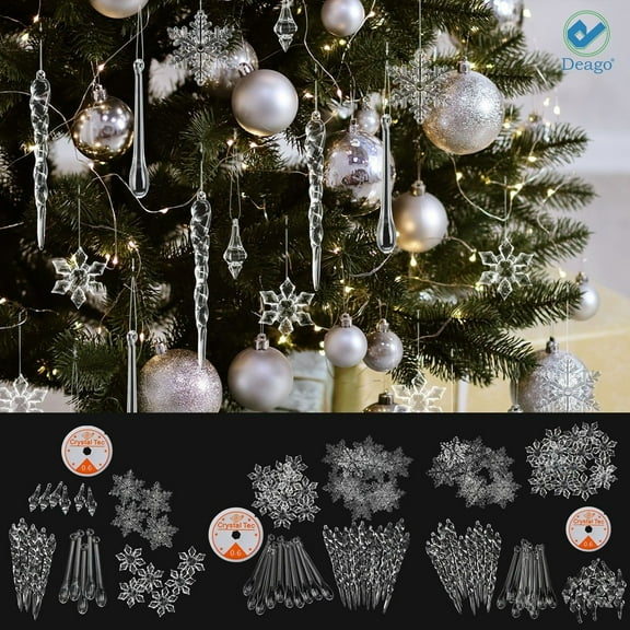 Deago 26 PCS Christmas Decoration Acrylic Snowflake Icicles Christmas Icicle Snowflake with Crystal Line Ornaments Set for Christmas Tree Decorations