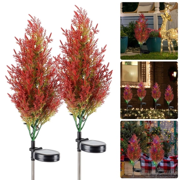 Deago 2Pcs Christmas Garden Tree Stake Lights LED Solar Waterproof Pathway Lights Prelit Xmas Tree Multi-color Flickering Lights for Outdoor Yard Patio Holiday Decor, 31.5inch