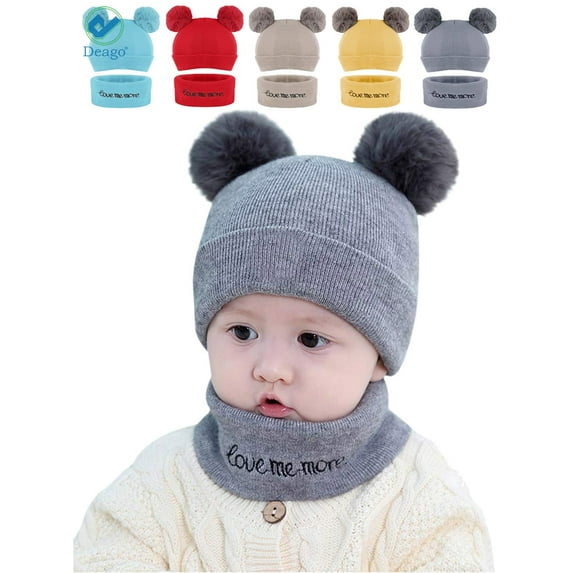 Deago 2Pcs Newborn Kids Baby Boy Girl Pompom Hat Winter Warm Knit Bobble Beanie Cap Scarf Set (Gray)