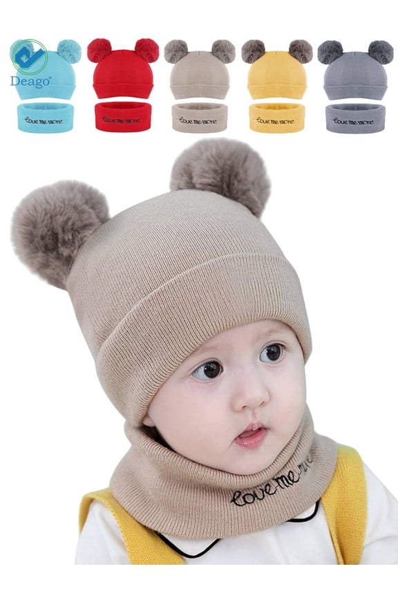 2Pcs Newborn Kids Baby Boy Girl Pompom Hat Winter Warm Knit Bobble Beanie Cap Scarf Set (Khaki)