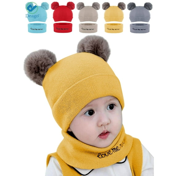 Deago 2Pcs Newborn Kids Baby Boy Girl Pompom Hat Winter Warm Knit Bobble Beanie Cap Scarf Set (Yellow)