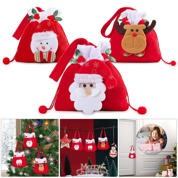 Deago 3 Pack Christmas Candy Bags Treat Bags 3D Design Drawstring Gift Bags Xmas Present Bags Party Favors Bags Snowman Santa Claus Reindeer