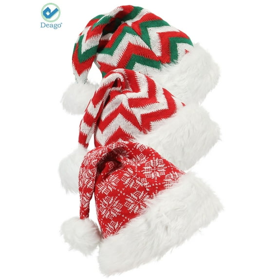 Deago 3 Pack Christmas Hat Holiday Santa Hat Striped Snowflake Knitted Plush Xmas Hats for Adults Unisex Christmas New Year Festival Holiday Party Supplies|