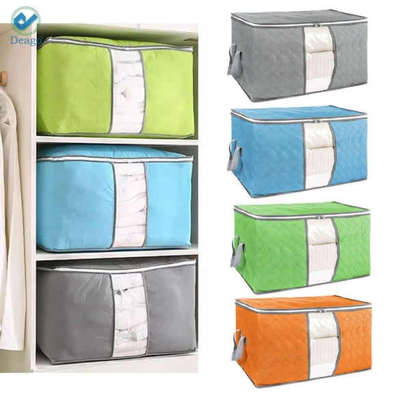 Deago 3 Pack Foldable Storage Bag, Large Capacity Clothes Organizers with Clear Window, Sturdy Zipper and Reinforced Handle for Comforters, Pillow, Blankets (Gray, 60L)
