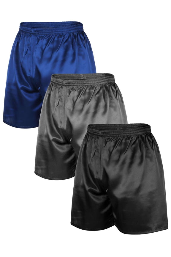 3 Pack Men's Silk Satin Boxers Shorts Underwear Sleepwear Sleep Pajama Lounge Shorts (Black+Gray+Blue, L)