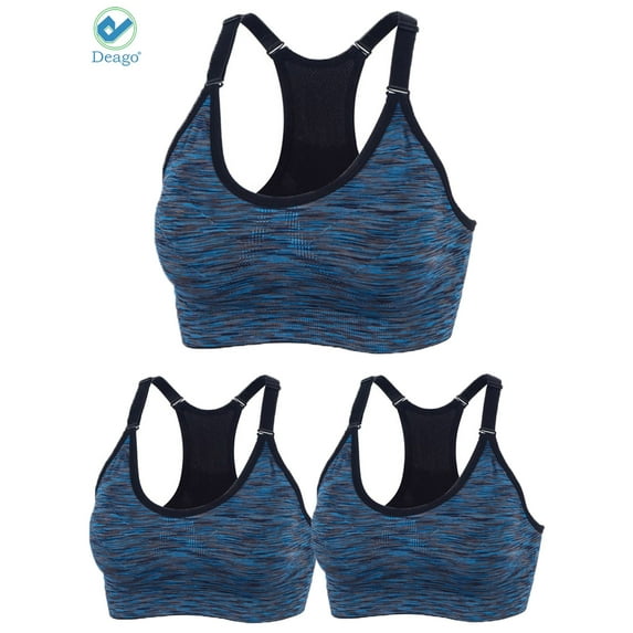 Deago 3 Pack Sports Bra for Women Space Dye Racerback Removable Pads for Yoga Running Fitness Workout (Blue, M)