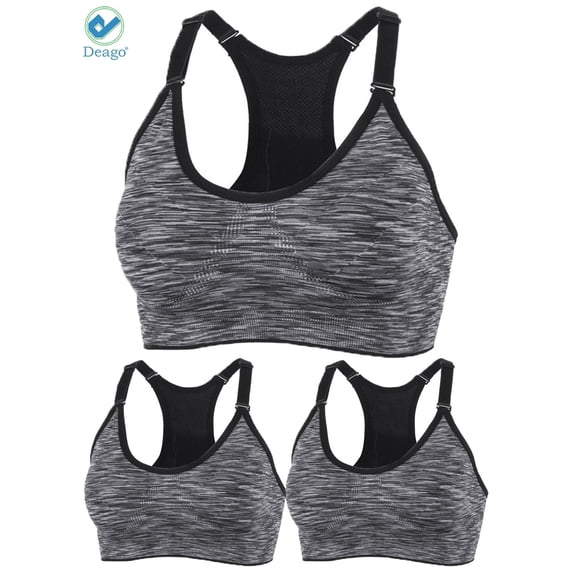 Deago 3 Pack Sports Bra for Women Space Dye Racerback Removable Pads for Yoga Running Fitness Workout (Gray, L)