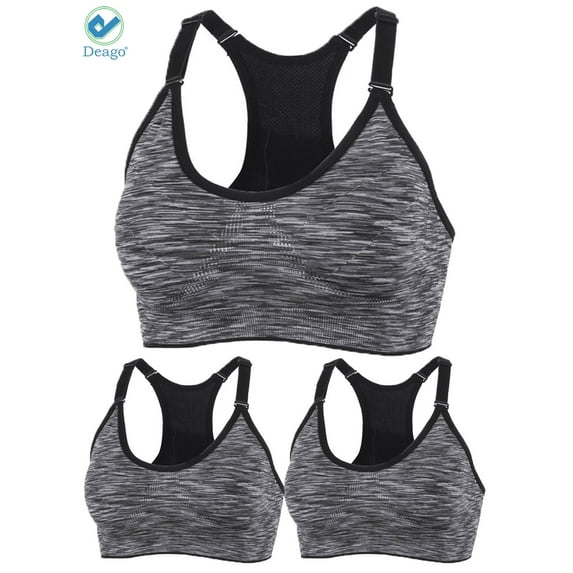 Deago 3 Pack Sports Bra for Women Space Dye Racerback Removable Pads for Yoga Running Fitness Workout (Gray, XL)