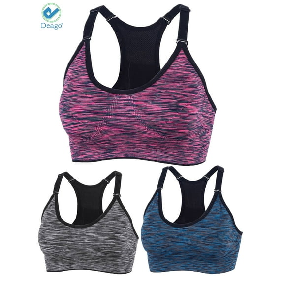 Deago 3 Pack Sports Bra for Women Space Dye Racerback Removable Pads for Yoga Running Fitness Workout (Multi-color, L)
