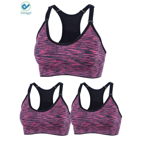 Deago 3 Pack Sports Bra for Women Space Dye Racerback Removable Pads for Yoga Running Fitness Workout (Rose Red, XL)