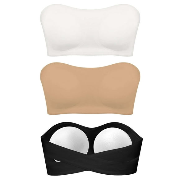 Deago 3 Pack Strapless Bra for Women Crossover Side Closure Non-Slip Silicone Padded Bandeau Bras Wireless Tube Top Bra (Multicolor, S)