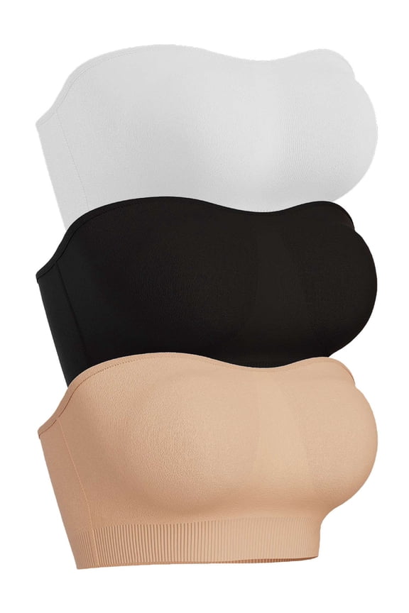 3 Pack Strapless Bra for Women Non-Slip Silicone Padded Bandeau Bra Seamless Wireless Tube Top Bralette (Multicolor, L)